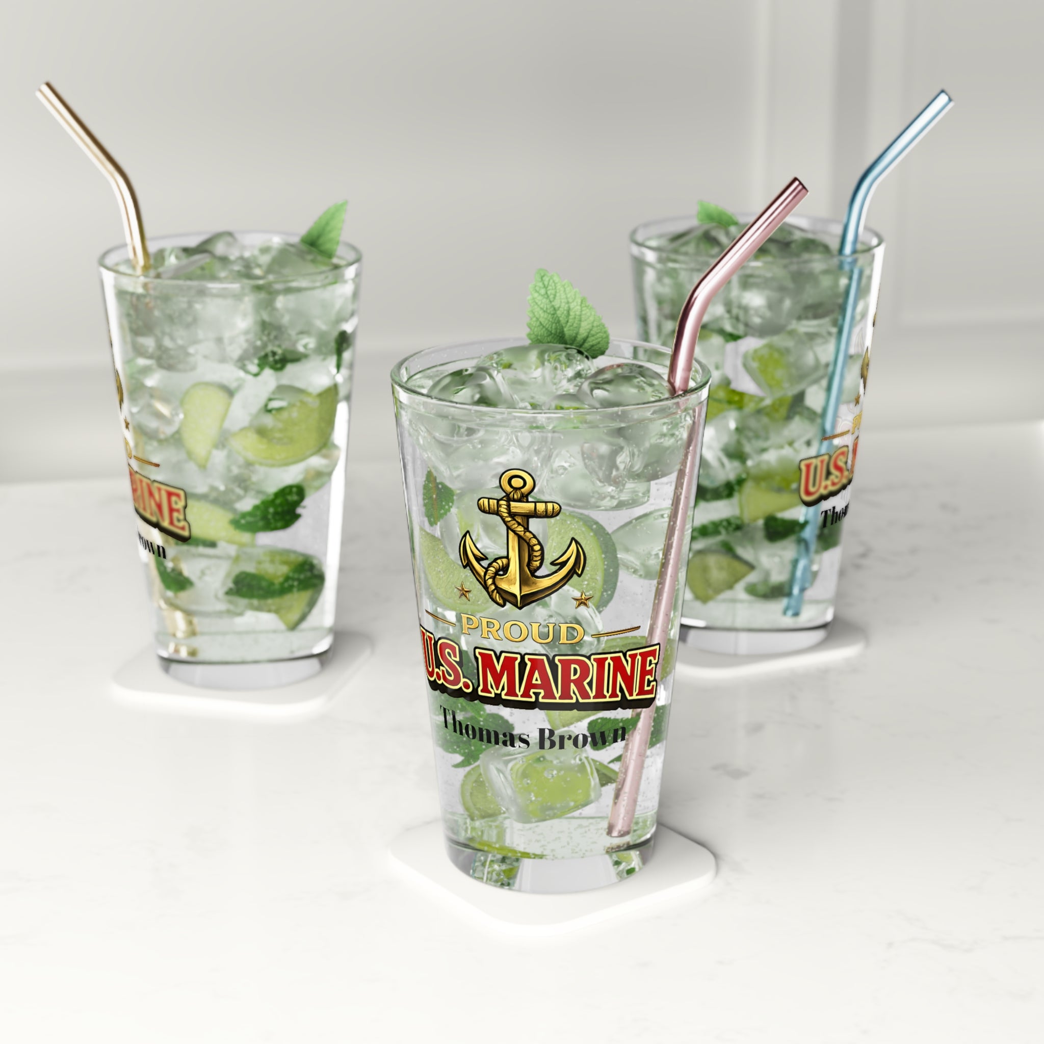 Personalized US Marine Pint Glass 16oz | Proud Marine Beer Glass | Custom Military Gift for Marine | Veteran Gift for Him