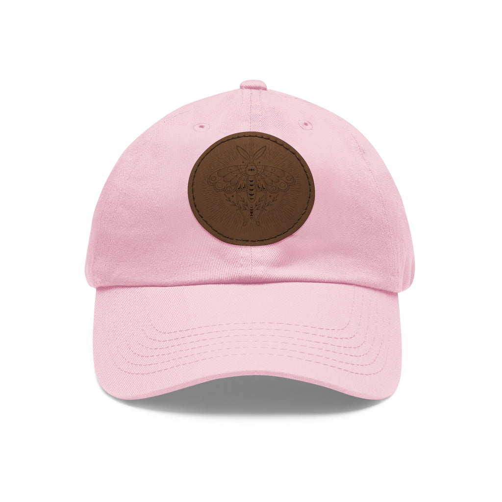 Embroidered Bee Leather Patch Dad Hat  Pink Round Patch Baseball Cap