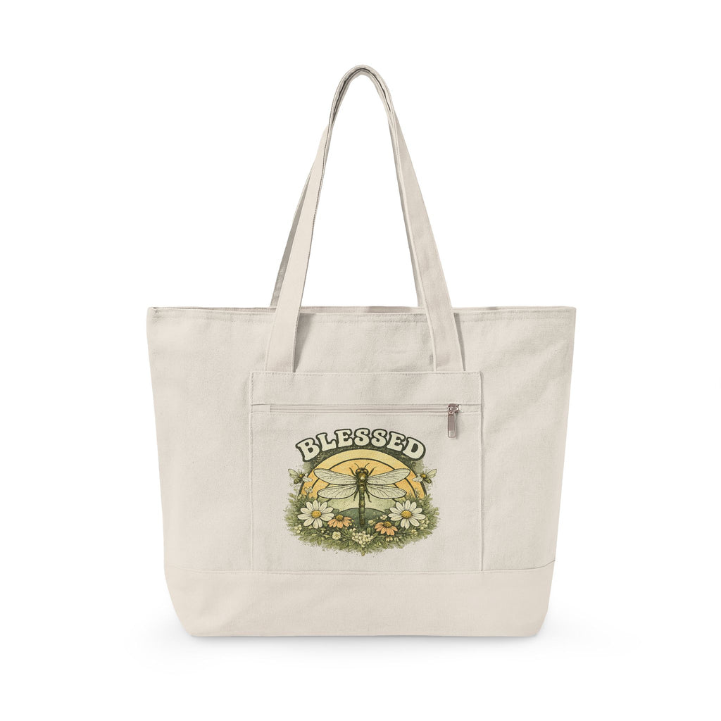 Blessed Dragonfly Floral Zippered Canvas Tote | Nature Tote Bag