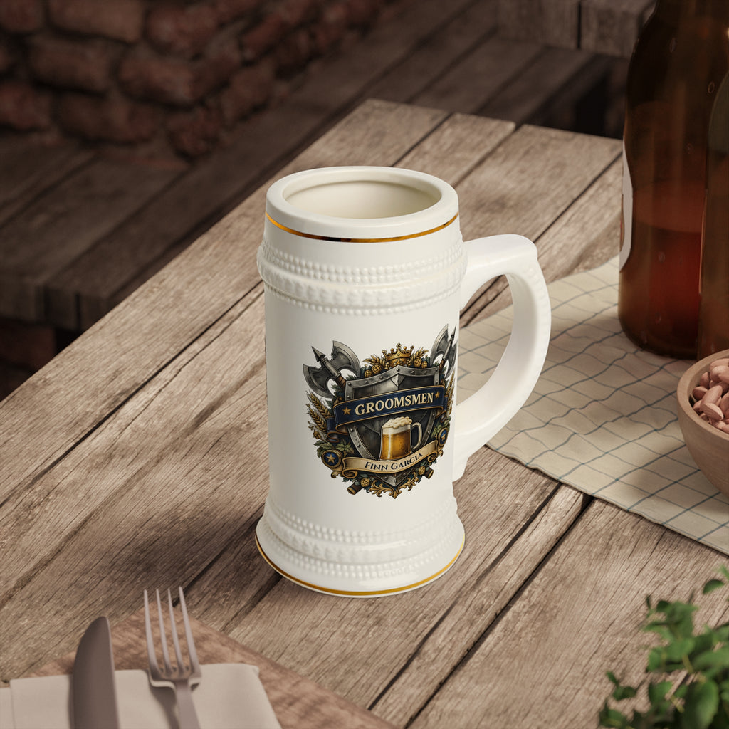 Personalized Groomsmen Beer Stein 22oz - Custom Name Wedding Mug, Medieval Shield Beer Stein