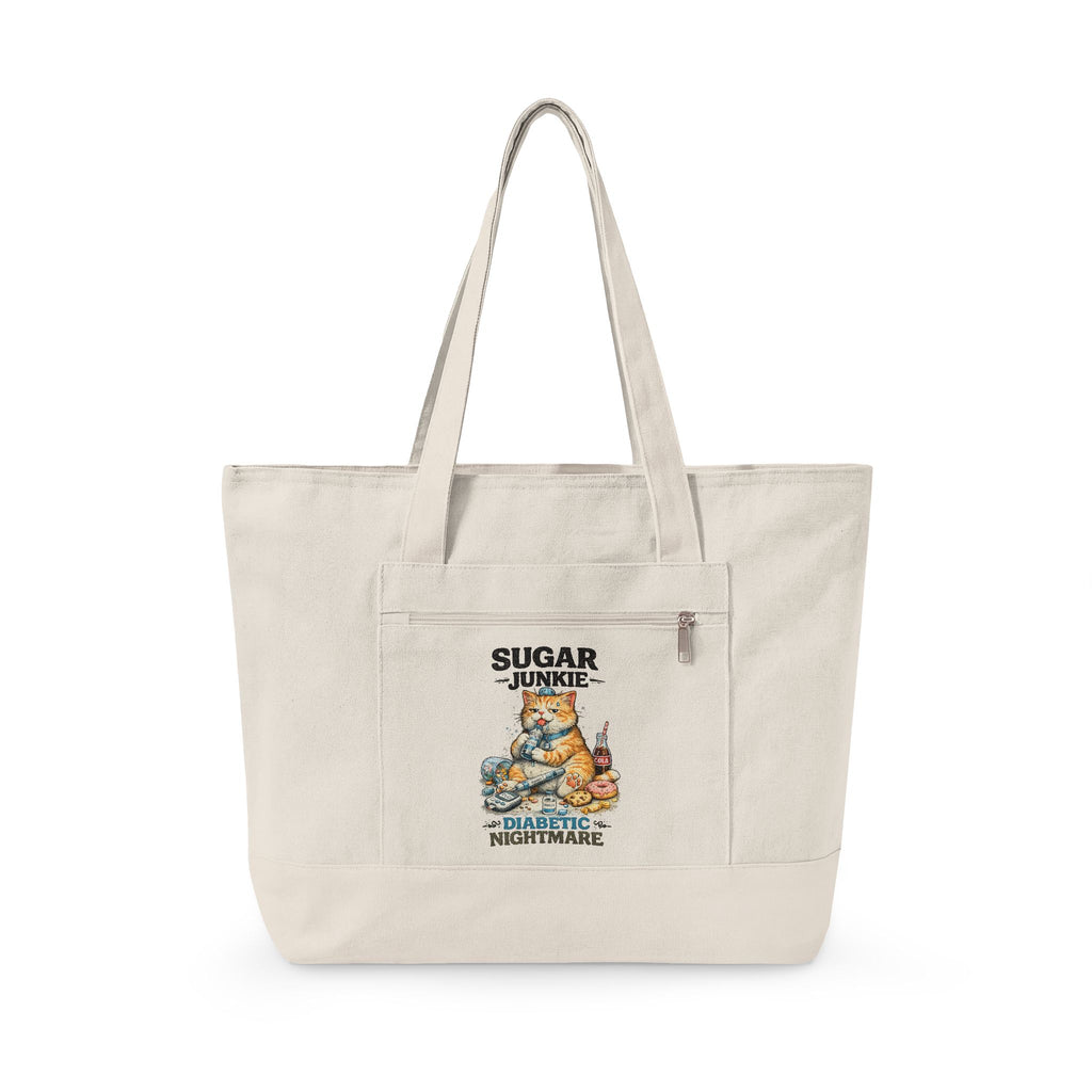 Sugar High Cat Illustration Zippered Tote | Cute Candy Cat Canvas Bag