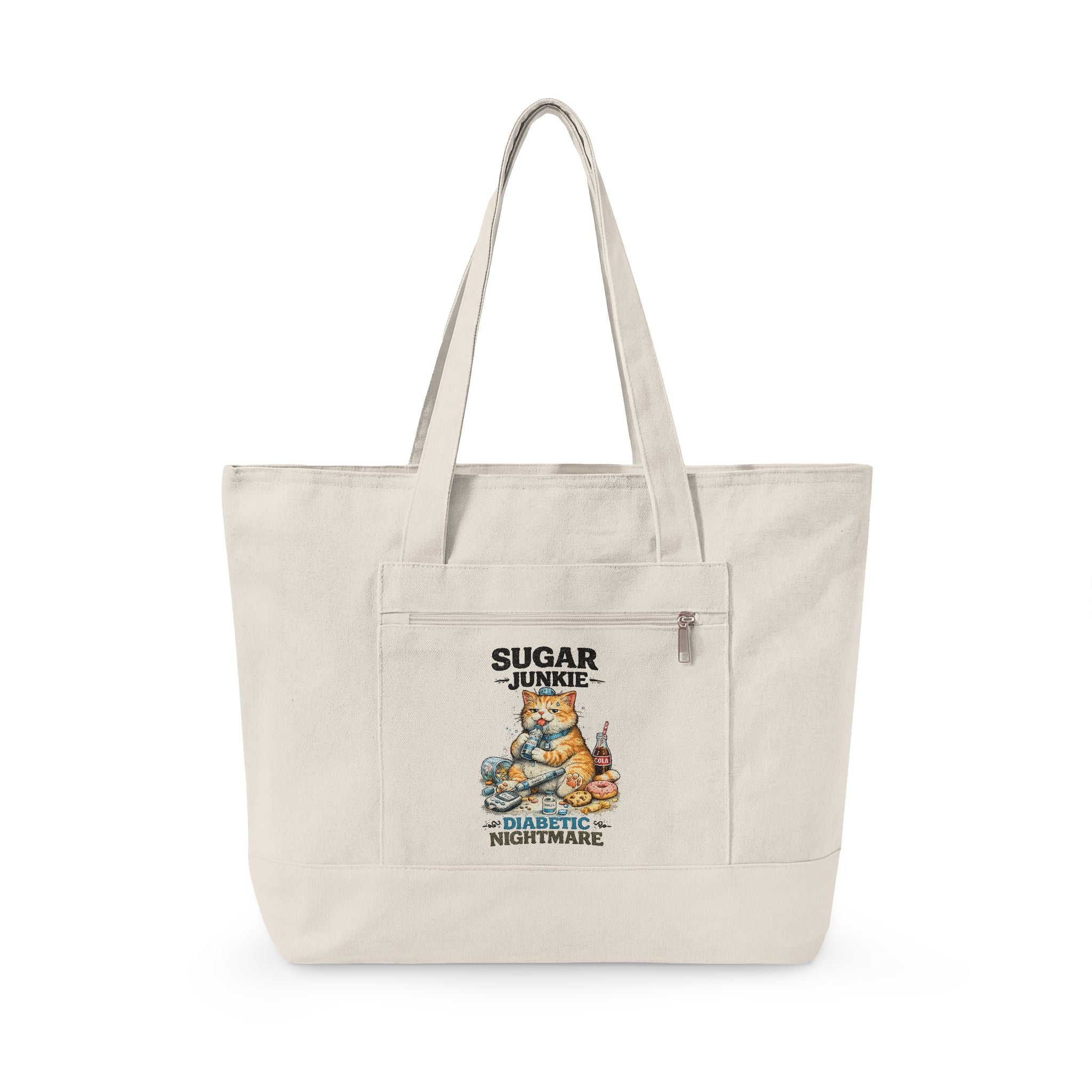 Sugar High Cat Illustration Zippered Tote | Cute Candy Cat Canvas Bag