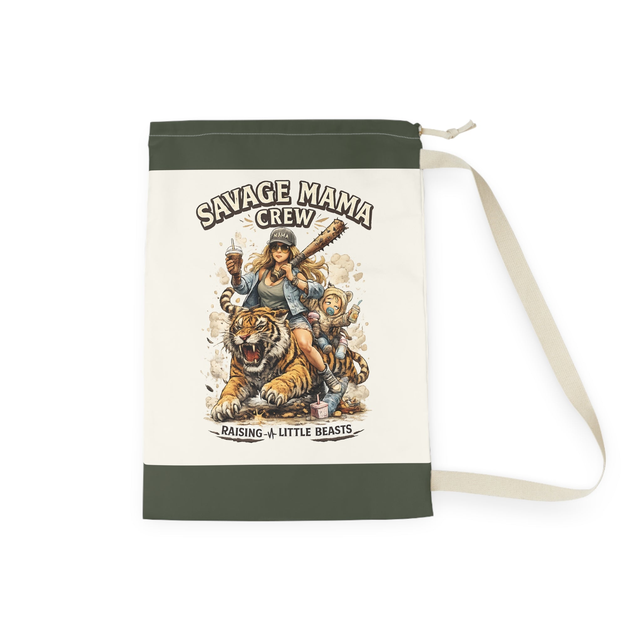 Savage Mama Crew Laundry Bag | Illustrated Mom and Kids, Tiger Rider