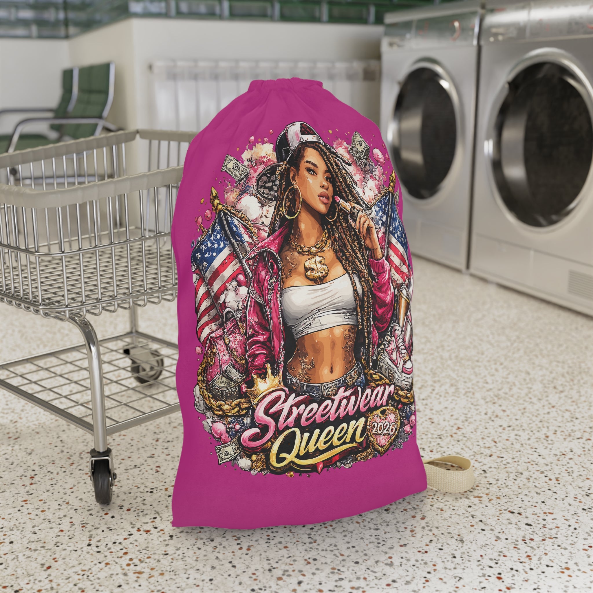 Streetwear Queen Laundry Bag | Urban Pinup Illustration, American Flags