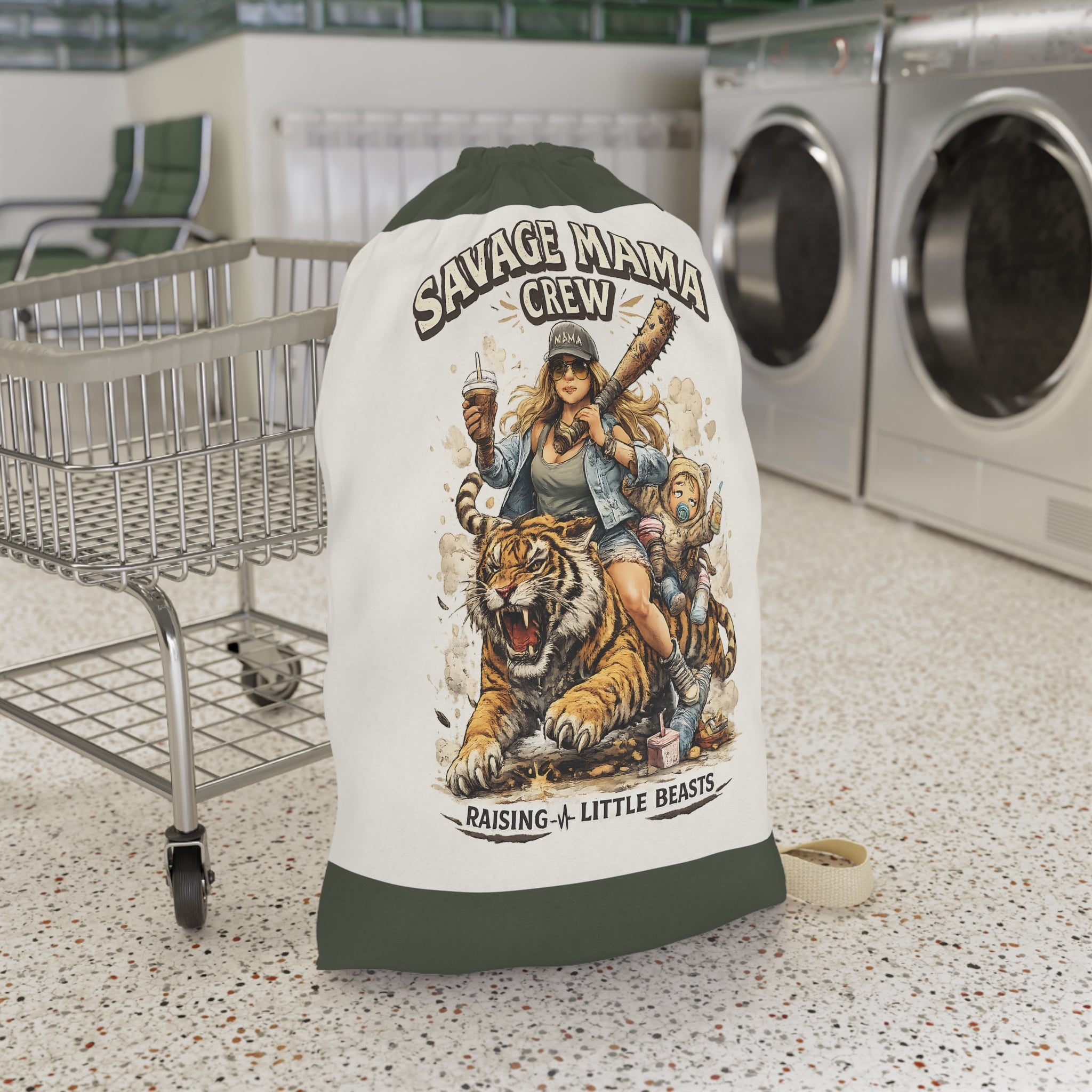 Savage Mama Crew Laundry Bag | Illustrated Mom and Kids, Tiger Rider