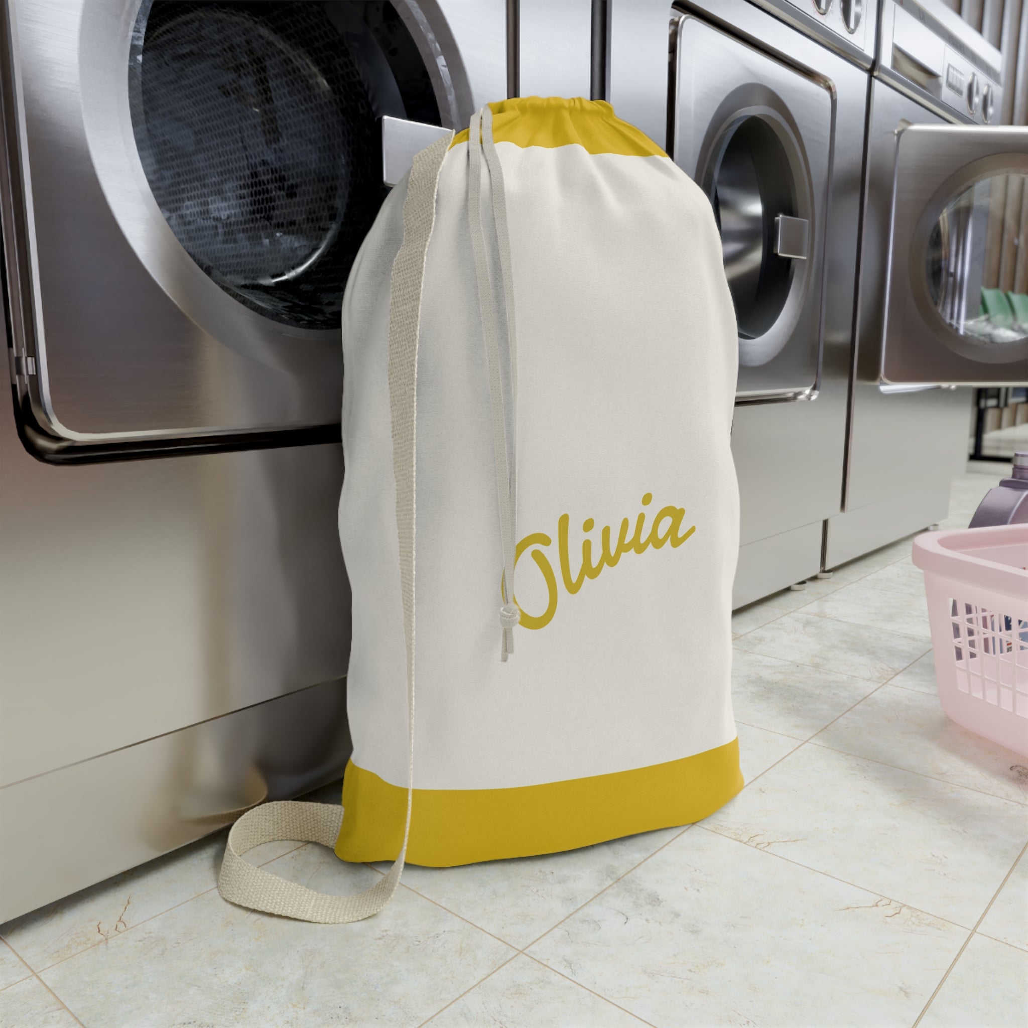 Personalized Laundry Bag | Custom Canvas Drawstring Laundry Bag | Large Reusable Laundry Sack | Personalized Yellow Canvas Laundry Bag